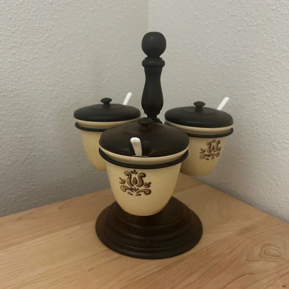 Vintage Three Mountaineers Inc Wood Spice or Sauce Carousel 3 Crocks with Spoons